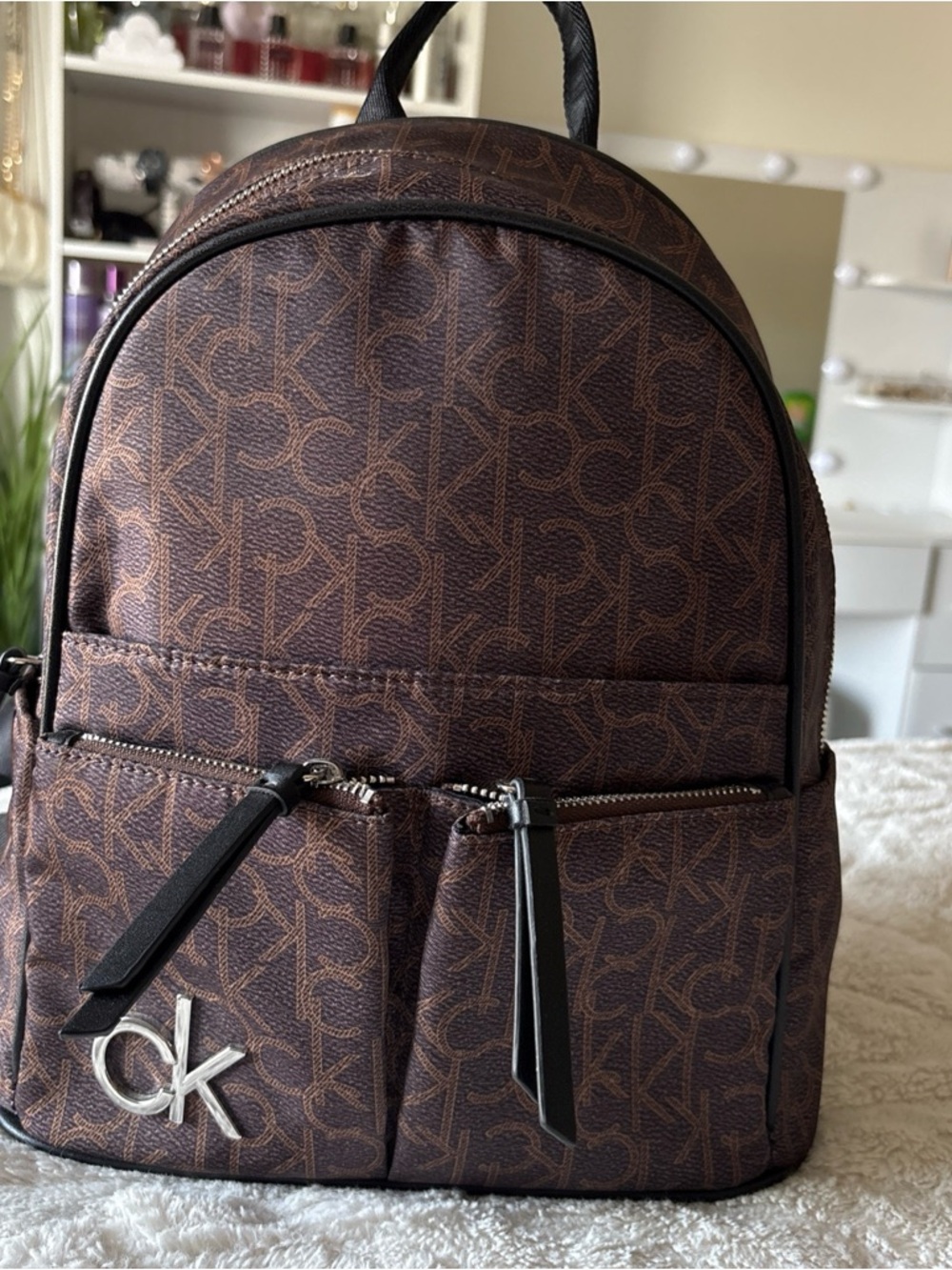 Calvin Klein Brown Monogram Mini Backpack with Silver CK Logo